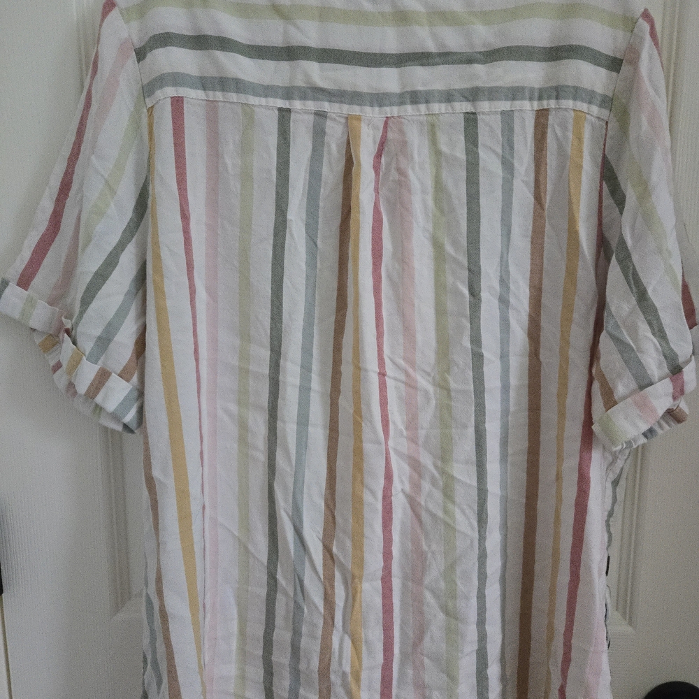 Cotton, Linen Blend Striped V-Neck with Rainbow Stripes, Casual Beach Vacation - Picture 4 of 5